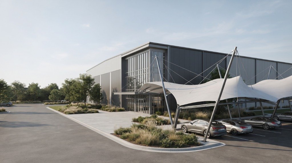 Modern Industrial Facility with PEB Structure and Tensile Membrane Car Parking Canopy by White Cloud Engineering